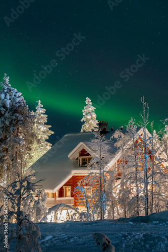 Beautiful winter night with Northern lights (aurora borealis) in the sky, deep snow covered trees and wooden hut in foreground. (high ISO image)