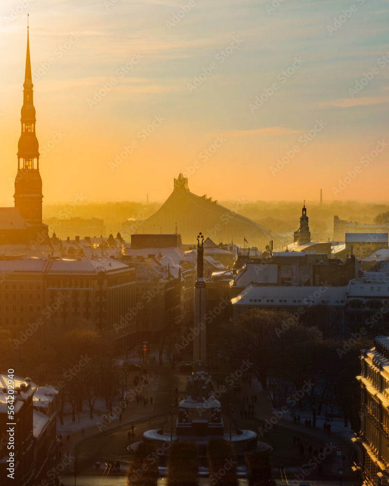 City Riga skyline during sunset evening in winter