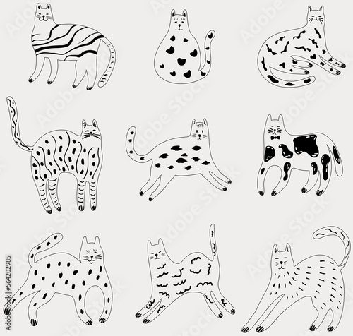 Doodle cats. Illustration of animals. Abstract kitty in different poses set.