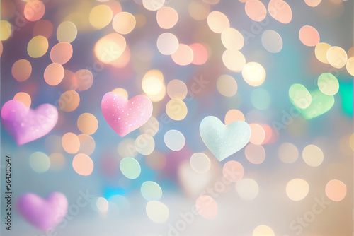 Soft pastel colorful sweet background and mini hearts soft bokeh lights in the white sky