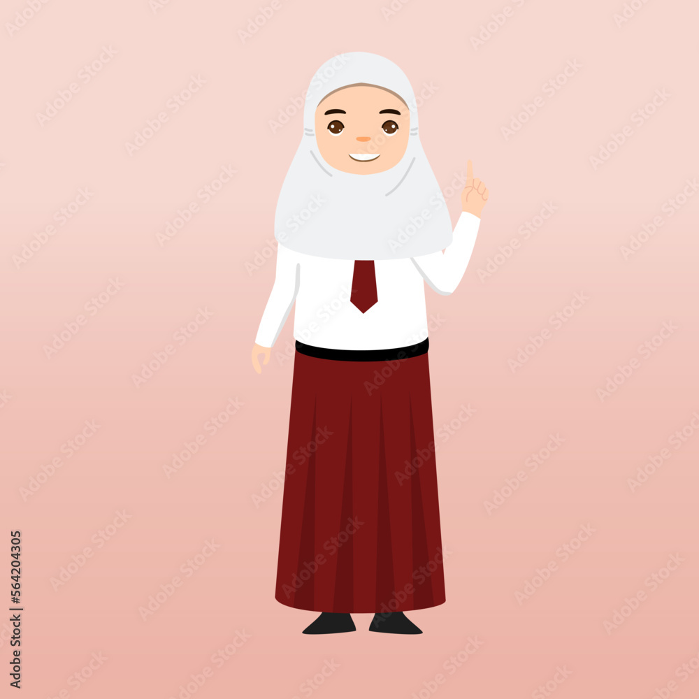 Elementary School Hijab Girl Student Wearing Red and White Uniform. Cartoon Vector Illustration. Portrait of an elementary school student. School students children with backpacks, books, macbook. Elementary School Hijab Girl Student Wearing Red and White Uniform. Cartoon Vector Illustration. Portrait of an elementary school student. School students children with backpacks, books, macbook.