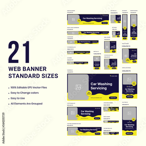 Flat Design Car Was Service Post Template Collection of car wash service internet advertising banners: flat vector illustration