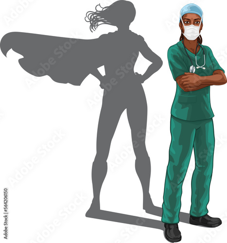 A super hero black woman doctor or nurse medical healthcare health professional in scrubs. Revealed to be a superhero by her shadow.