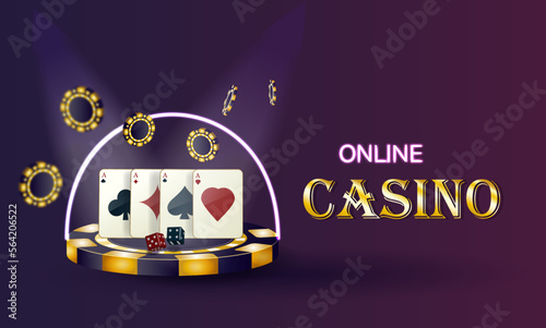 nline casino Illustration with playing chips. Vector gambling design with poker cards and dices for invitation or promo banner.