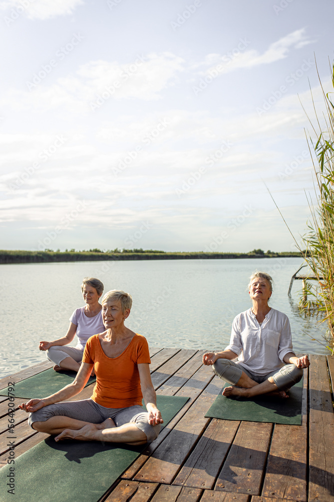 Group of senior woman doing yoga exercises by the lake. Group of senior woman doing yoga exercises by the lake.