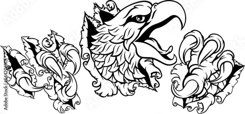 A bald eagle or hawk and claws with talons ripping or tearing through the background.