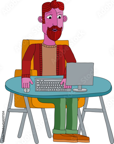 A man working behind desk with a computer workstation in an original abstract cubist flat modern cartoon style. photo