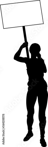 Protestor or demonstrator at a demonstration march, picket line or strike protest rally in silhouette. Holding up a banner or picket sign board placard.