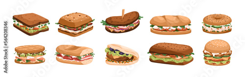 Sandwiches with vegetable, meat fillings set. Fast food, snacks. Toasts, burgers, bagels, baguettes, bread, buns with different stuffing. Flat graphic vector illustrations isolated on white background