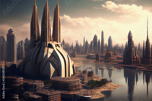 Сity in future 2050. Metropolis with skyscrapers.