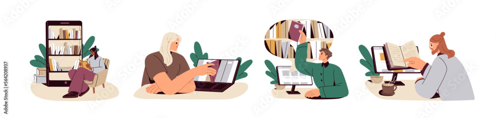 Online remote library concept. Readers studying, reading electronic ...