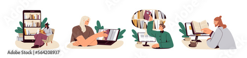 Online remote library concept. Readers studying, reading electronic books in internet, digital bookstores, phone apps, web services set. Flat graphic vector illustrations isolated on white background