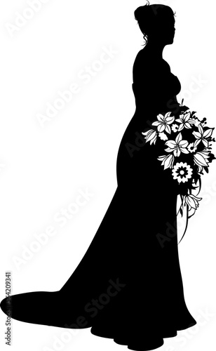 A woman bride in a bridal wedding dress in a silhouette