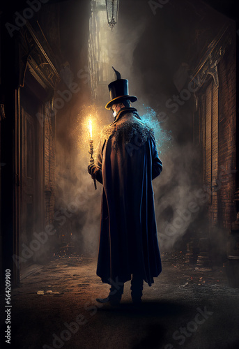 Magician or villian character in the dark alley night scene, Fantasy fiction style, Generative Ai