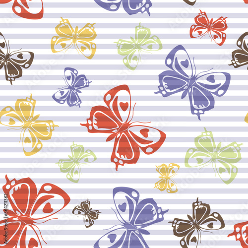 Flying butterfly silhouettes over striped background vector seamless pattern.