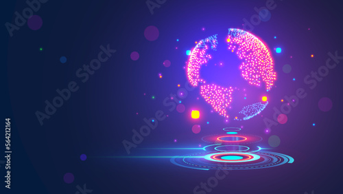 Earth globe consisting light dots n dark background. Earth day conceptual illustration. 3d sci-fi interface of hanging World map over dashboard. Holographic globe in tech computer games style.