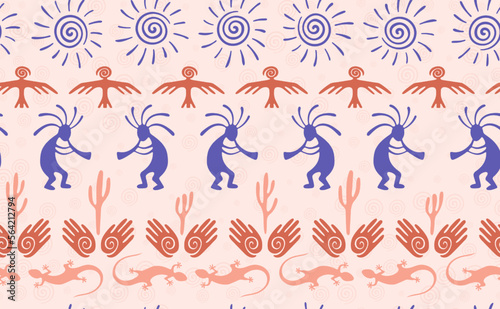 Kokopelli with flute, pangolin, hawk, sun symbol, hands and plant tribal vector seamless pattern.