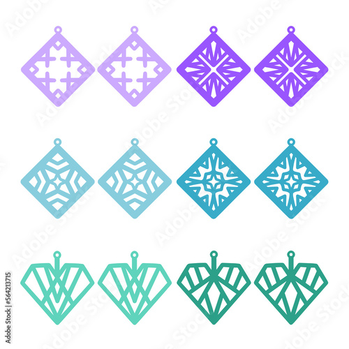 A collection of Earrings templates with geometric and abstract shapes. Isolated stencils pattern suitable for handmade work, laser cutting and printing. Jewelry Template..
