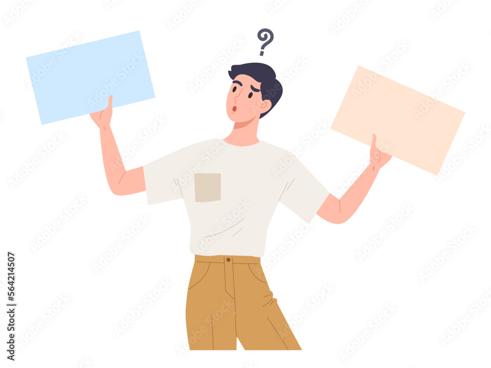 Young man confusing to choose between two things or message. Yes or No