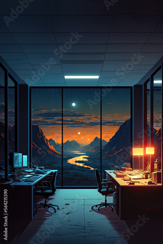 messy office with a view of beautiful mountain and river landscape from window  night view  digital illustration made with generative AI technology