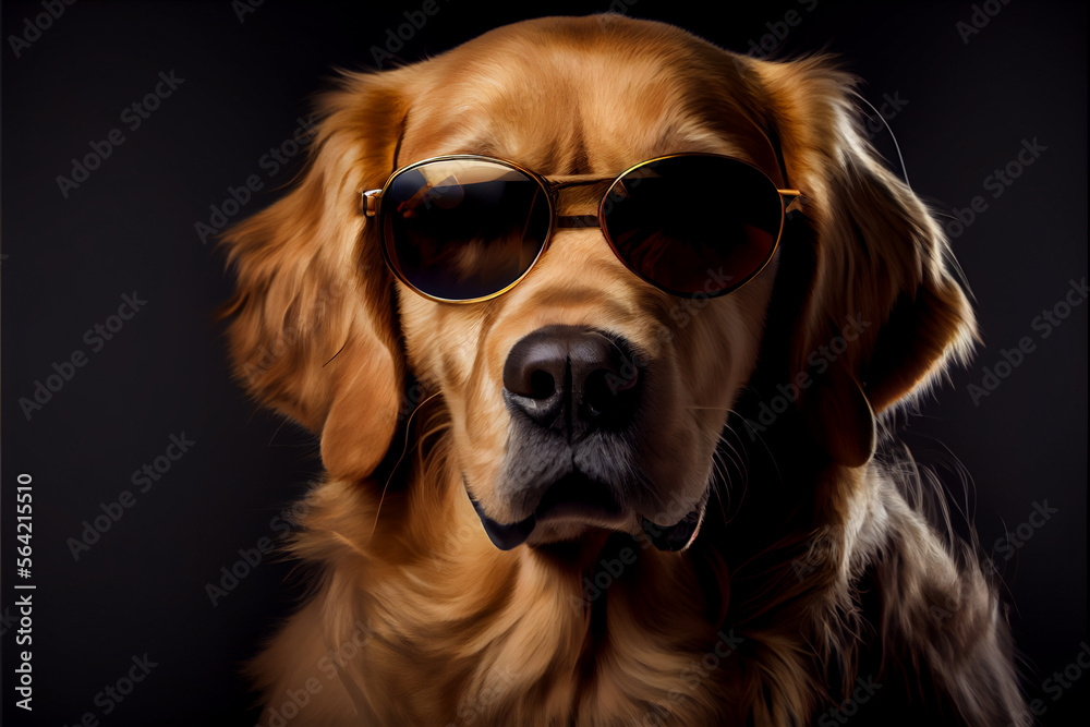 Golden retriever dog wearing sunglasses on black background