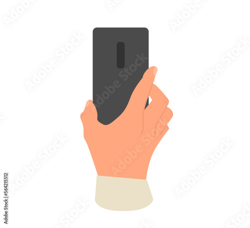 Human hand holding mobile phone. Smartphone back side. Flat vector illsutration.