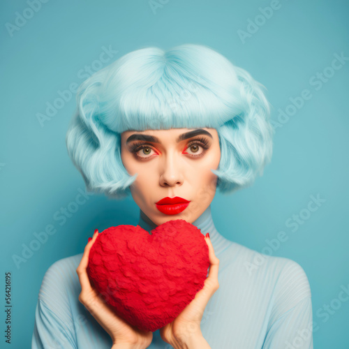 Junge Frau mit blauen Haaren hält ein rotes Herz in den Händen - Generative AI