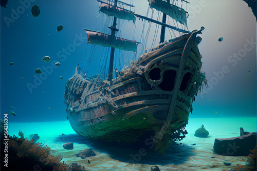 Pirate shipwreck, tattered sails