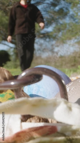 A wicker basket with decorated Easter eggs in the forest by a tree, I go up and pick it up. Dolly slider extreme close-up. Vertical video Social Media photo