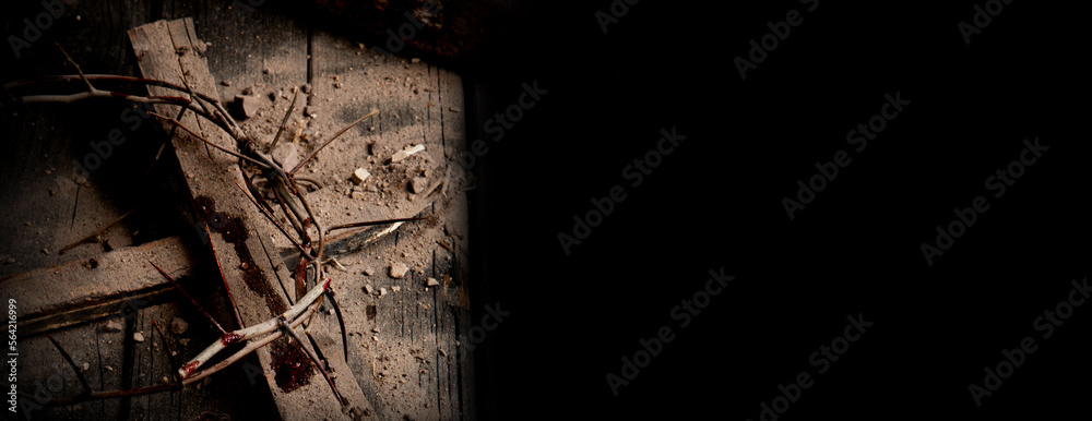 Crucifixion At Sunset - Cross With Crown Of Thorns Hammer And Bloody Nails Crucifixion At Sunset - Cross With Crown Of Thorns Hammer And Bloody Nails