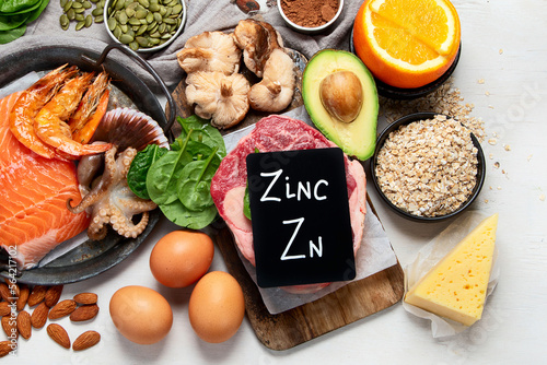 Healthy sources of zinc. Healthy eating and diet concept. Natural products containing zinc, dietary fiber and vitamins.