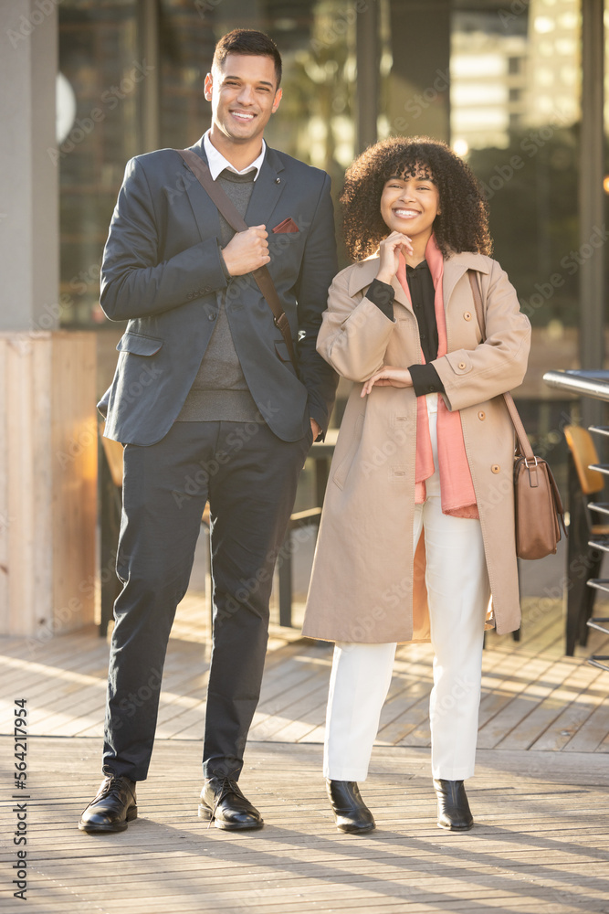 Fototapeta premium City portrait, confidence or happy business people, real estate agent or property investment team with pride in job career. Corporate partnership, black woman and man standing in San Francisco street