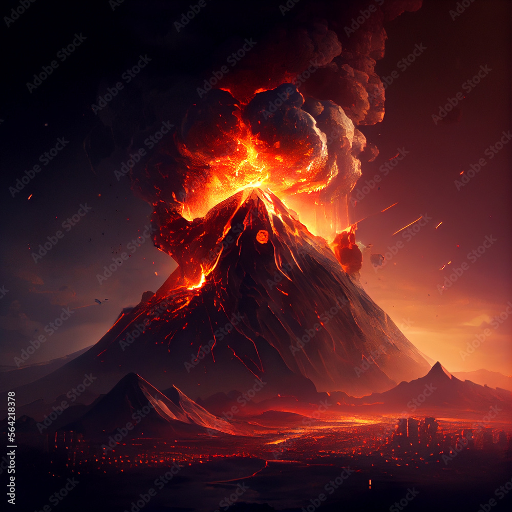 Volcano erupting, magma falling from sky