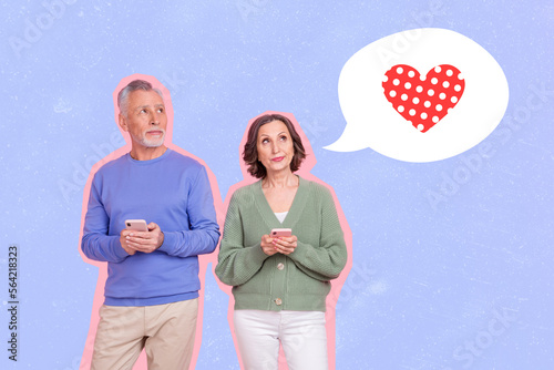 Fotografi Creative collage image of two minded aged people hold telephone contemplate hear