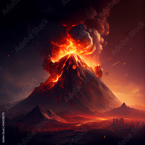 Volcano erupting, magma falling from sky
