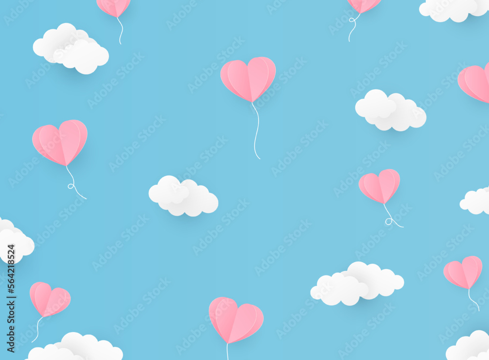 Valentine Day background with heart flying elements. Valentine day heart in paper cut style. Vector illustration.