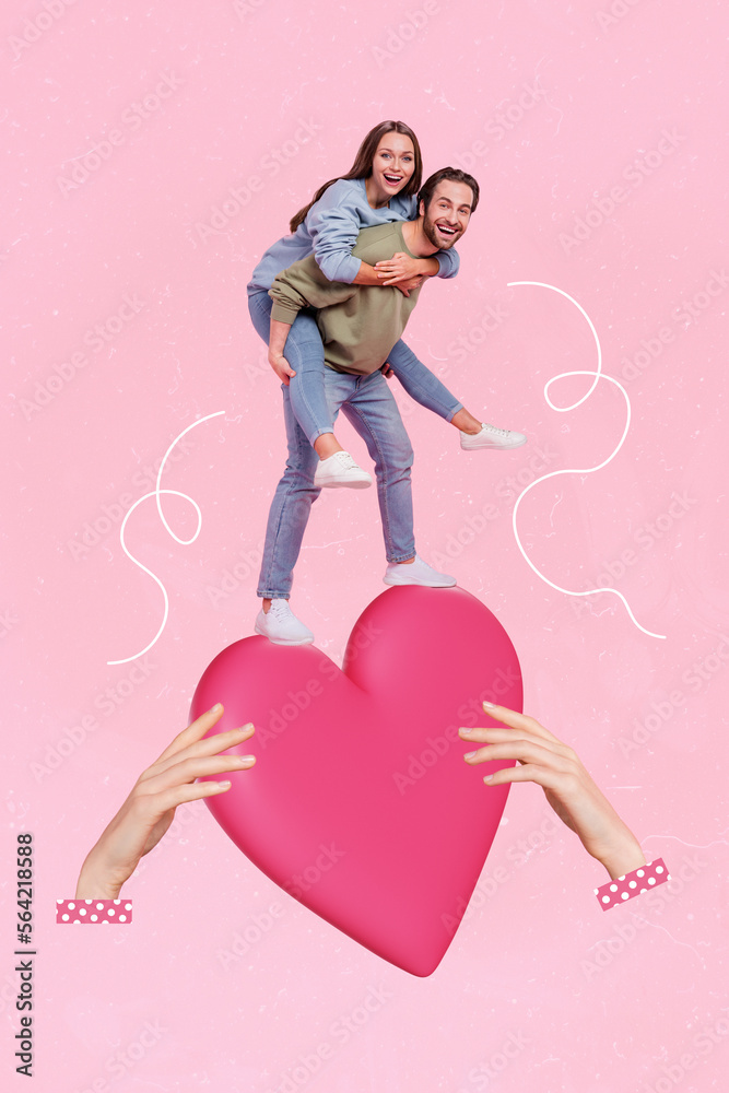 Vertical collage image of arms hold big heart two mini people piggyback have fun isolated on creative pink background Vertical collage image of arms hold big heart two mini people piggyback have fun isolated on creative pink background