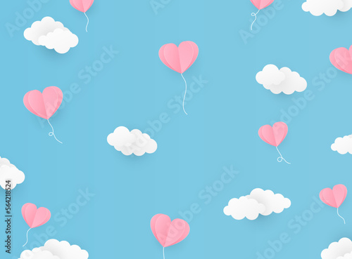 Valentine Day background with heart flying elements. Valentine day heart in paper cut style. Vector illustration.