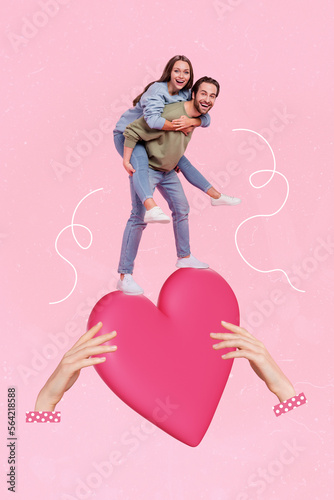 Vertical collage image of arms hold big heart two mini people piggyback have fun isolated on creative pink background