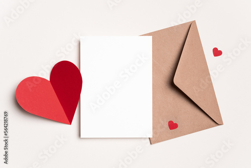 Blank Valentines Day greeting card mockup with envelope on white background