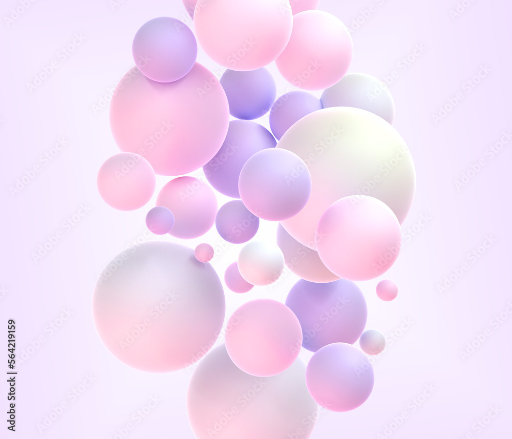 Abstract background with matte soft spheres in pastel colors 3d render. Composition of flying pink purple beige balloons. Modern cover design. Dynamic wallpaper. Ads banner template