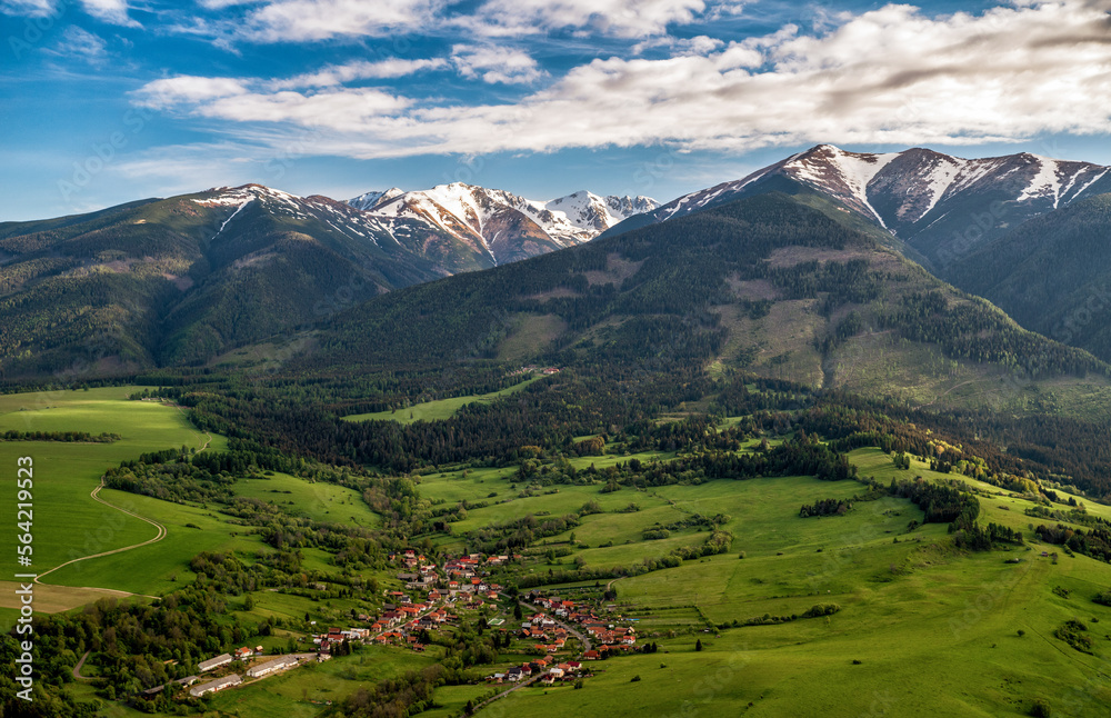 Beautiful view of Western Tatras mountains in Slovakia. Village  Konska under and peak Baranec at background.