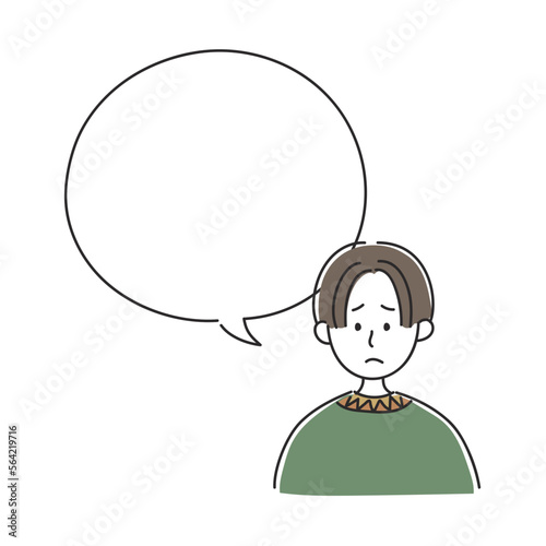 緑の服を着た前髪が長い男性が困っているイラストとフキダシ素材