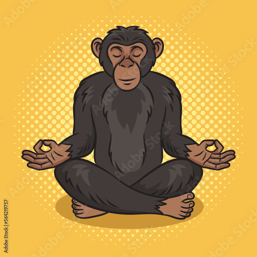 Chimpanzee monkey meditating in Lotus position pinup pop art retro vector illustration. Comic book style imitation.