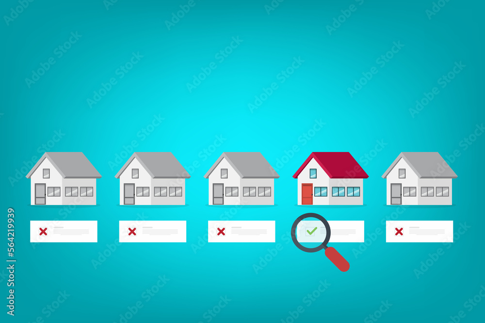 House search. House selection. Magnifying glass with house and data. Real estate concept. 
