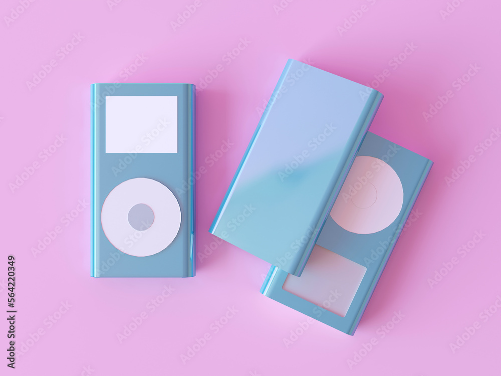 Blue metallic Aluminium MP3 Player with white round button isolated on pink  background top view. Three music players. Simple White button MP3 Device 3d  render illustration. Compact mp3 player Illustration Stock
