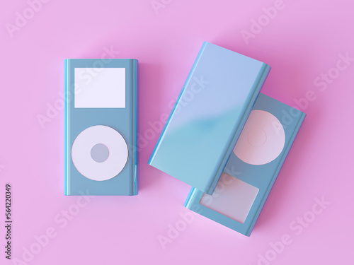 Blue metallic Aluminium MP3 Player with white round button isolated on pink background top view. Three music players. Simple White button MP3 Device 3d render illustration. Compact mp3 player photo