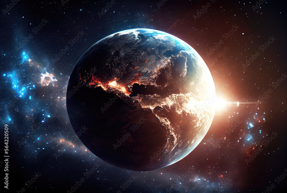 Earth in space view with shining sunrise in universe and galaxy background. Nature and World environment concept. Science and globe. Fantasy sky atmosphere. Generative AI