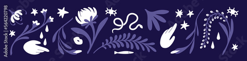 Esoteric abstract design elements, fancy decorative flowers, leaf set. Modern mysterious mystic magic decorations. Whimsical enigmatic ornamental collection. Isolated flat vector illustrations