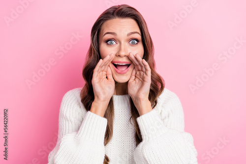 Photo of pretty crazy person arms near open mouth say whisper news isolated on pink color background